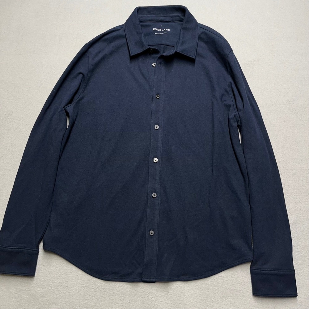 New Everlane Button Up Shirt Large Long Sle Performance Stretch Navy Blue Work